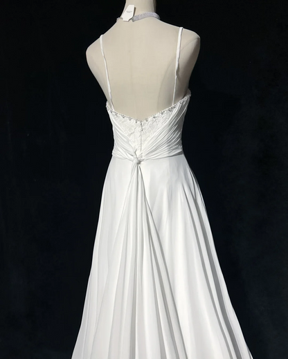 Vestido de novia vintage, corte A, tirantes finos, de gasa blanca, largo, estilo retro, modesto, DH2675