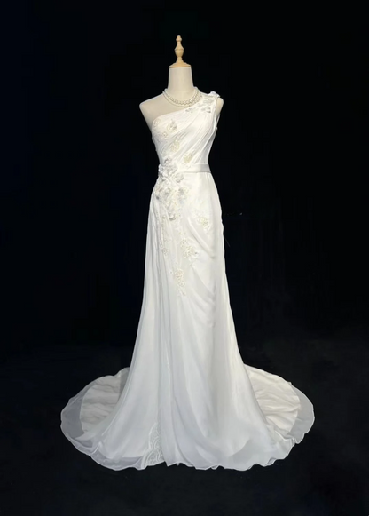 Vestido de novia vintage de corte sirena, de un solo hombro, de gasa, blanco, largo, estilo retro, modesto, DH2676