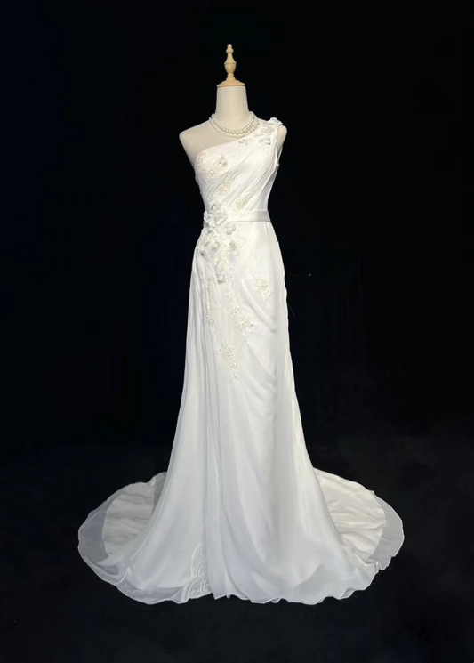 Vestido de novia vintage de corte sirena, de un solo hombro, de gasa, blanco, largo, estilo retro, modesto, DH2676