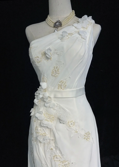 Vestido de novia vintage de corte sirena, de un solo hombro, de gasa, blanco, largo, estilo retro, modesto, DH2676
