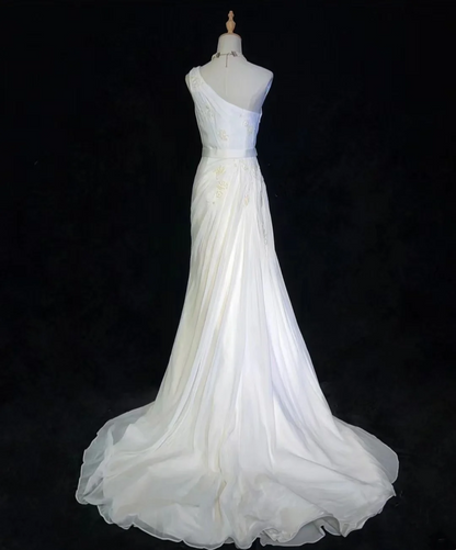 Vestido de novia vintage de corte sirena, de un solo hombro, de gasa, blanco, largo, estilo retro, modesto, DH2676