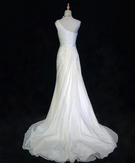 Vestido de novia vintage de corte sirena, de un solo hombro, de gasa, blanco, largo, estilo retro, modesto, DH2676