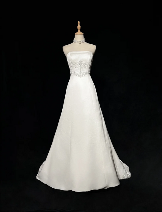Vestido de novia vintage, corte A, sin tirantes, de satén blanco, largo, estilo retro, modesto, DH2677