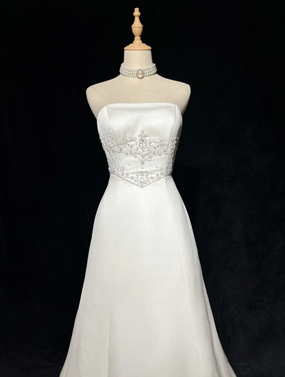 Vestido de novia vintage, corte A, sin tirantes, de satén blanco, largo, estilo retro, modesto, DH2677