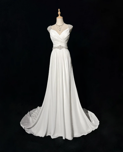 Vestido de novia vintage, corte A, escote corazón, gasa, cuentas plateadas, blanco, largo, estilo retro, modesto, DH2678