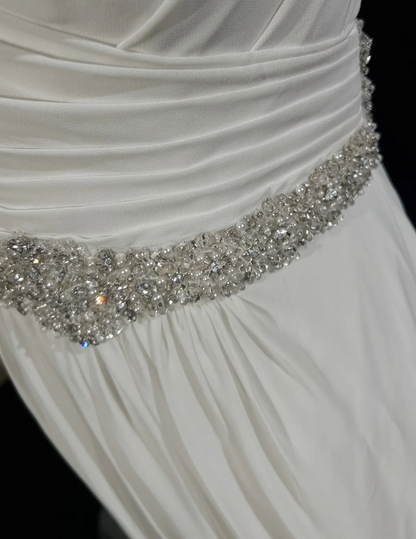 Vestido de novia vintage, corte A, escote corazón, gasa, cuentas plateadas, blanco, largo, estilo retro, modesto, DH2678