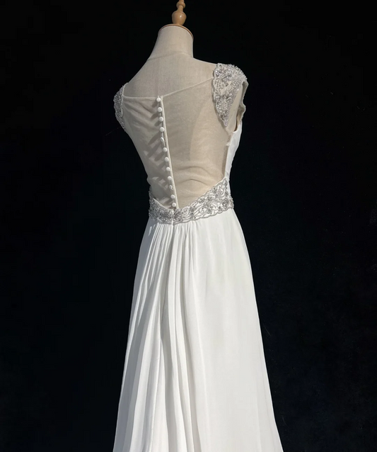 Vestido de novia vintage, corte A, escote corazón, gasa, cuentas plateadas, blanco, largo, estilo retro, modesto, DH2678