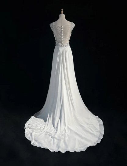 Vestido de novia vintage, corte A, escote corazón, gasa, cuentas plateadas, blanco, largo, estilo retro, modesto, DH2678