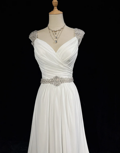 Vestido de novia vintage, corte A, escote corazón, gasa, cuentas plateadas, blanco, largo, estilo retro, modesto, DH2678