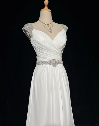 Vestido de novia vintage, corte A, escote corazón, gasa, cuentas plateadas, blanco, largo, estilo retro, modesto, DH2678