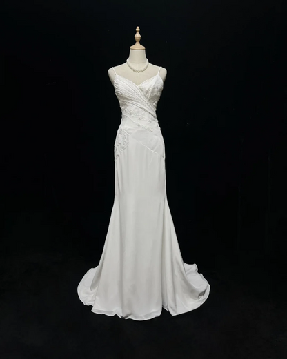 Vestido de novia vintage de corte sirena con tirantes finos, de gasa y cuentas, blanco, largo, estilo retro, modesto, DH2679