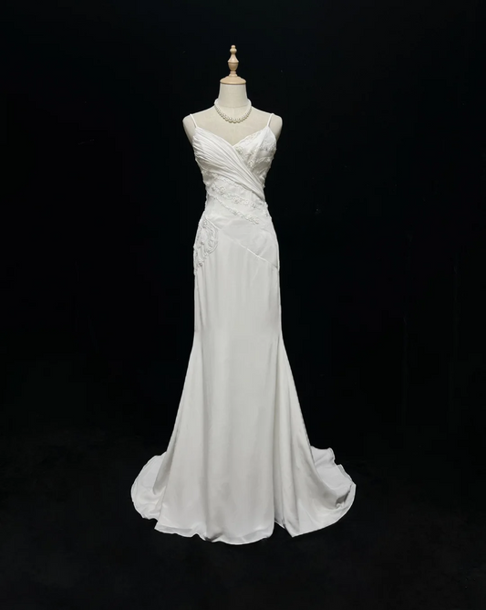 Vestido de novia vintage de corte sirena con tirantes finos, de gasa y cuentas, blanco, largo, estilo retro, modesto, DH2679