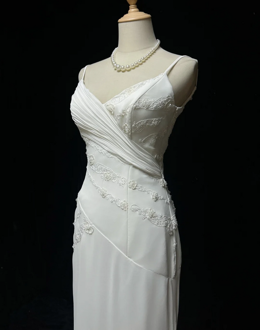 Vestido de novia vintage de corte sirena con tirantes finos, de gasa y cuentas, blanco, largo, estilo retro, modesto, DH2679