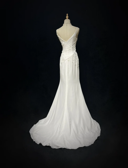 Vestido de novia vintage de corte sirena con tirantes finos, de gasa y cuentas, blanco, largo, estilo retro, modesto, DH2679
