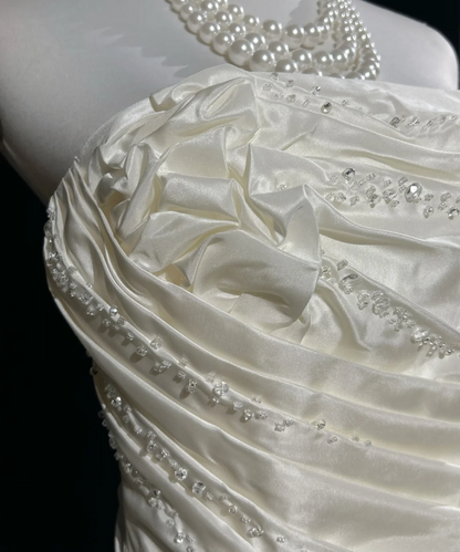 Vestido de novia vintage, vestido de fiesta sin tirantes, satén marfil, largo, estilo retro, modesto, DH2680