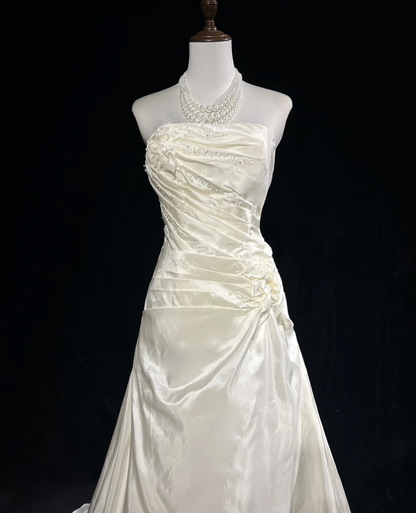 Vestido de novia vintage, vestido de fiesta sin tirantes, satén marfil, largo, estilo retro, modesto, DH2680