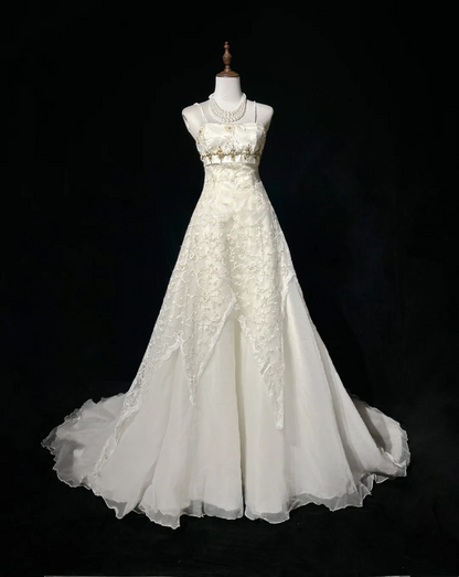 Vestido de novia vintage, vestido de fiesta con tirantes finos, encaje color marfil, vestido de novia largo, vestidos de novia retro, vestidos de novia modestos DH2681