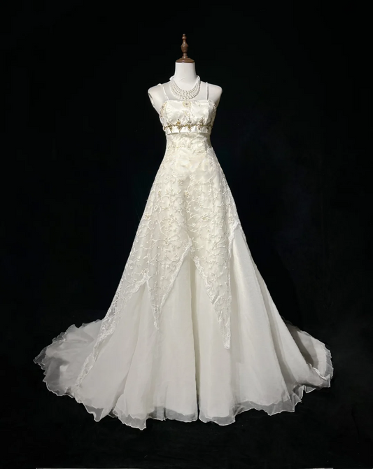 Vestido de novia vintage, vestido de fiesta con tirantes finos, encaje color marfil, vestido de novia largo, vestidos de novia retro, vestidos de novia modestos DH2681