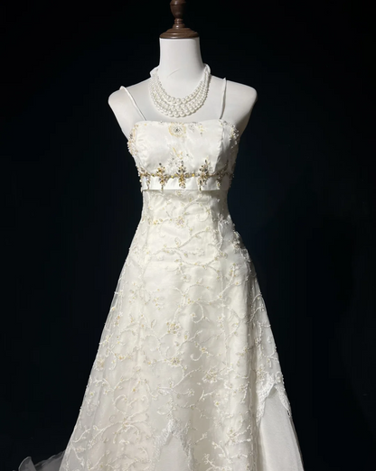 Vestido de novia vintage, vestido de fiesta con tirantes finos, encaje color marfil, vestido de novia largo, vestidos de novia retro, vestidos de novia modestos DH2681