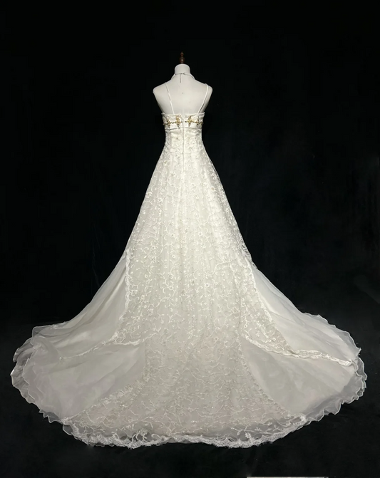 Vestido de novia vintage, vestido de fiesta con tirantes finos, encaje color marfil, vestido de novia largo, vestidos de novia retro, vestidos de novia modestos DH2681