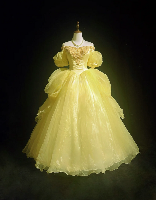 Hermoso vestido de quinceañera largo con escote cuadrado y tul amarillo, floral, para 15 años y 16 años (DH2683)