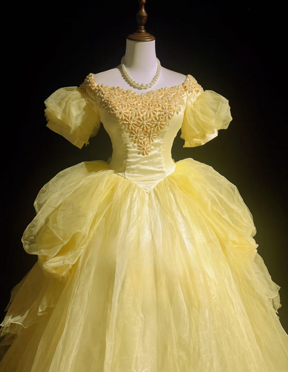 Hermoso vestido de quinceañera largo con escote cuadrado y tul amarillo, floral, para 15 años y 16 años (DH2683)