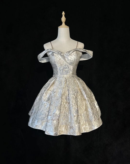 Vestido corto de fiesta con tirantes finos, color gris plateado, estilo mini, formal, para fiesta de bienvenida, graduación, DH2684