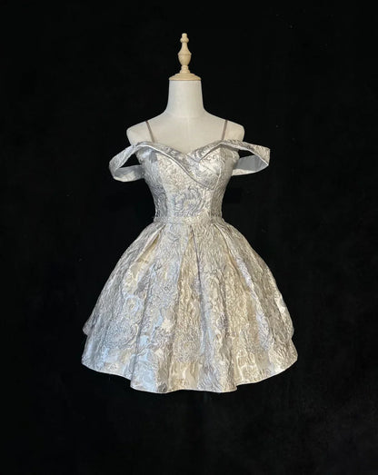 Vestido de fiesta vintage plateado de corte A con tirantes finos, vestido de cóctel corto TP4610