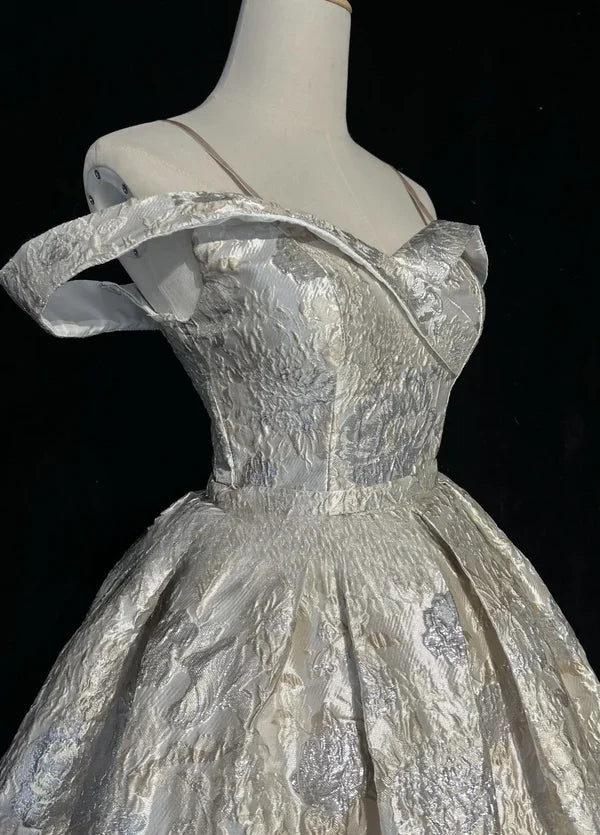 Vestido de fiesta vintage plateado de corte A con tirantes finos, vestido de cóctel corto TP4610
