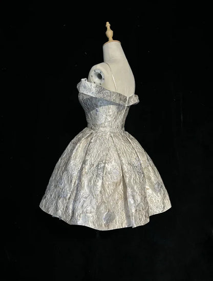Vestido de fiesta vintage plateado de corte A con tirantes finos, vestido de cóctel corto TP4610