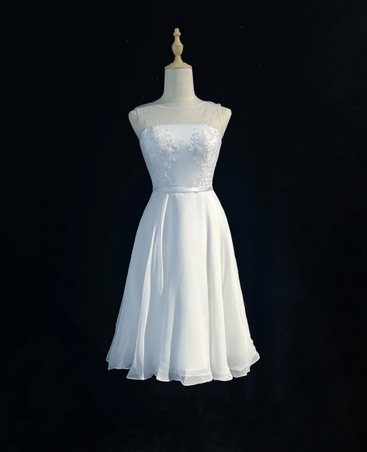 Vestido de novia vintage, corte A, escote redondo, de gasa con cuentas, blanco, corto, para segunda boda, estilo retro, modesto, DH2685