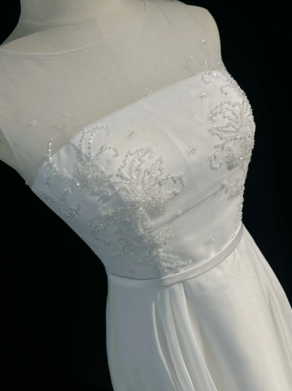 Vestido de novia vintage, corte A, escote redondo, de gasa con cuentas, blanco, corto, para segunda boda, estilo retro, modesto, DH2685