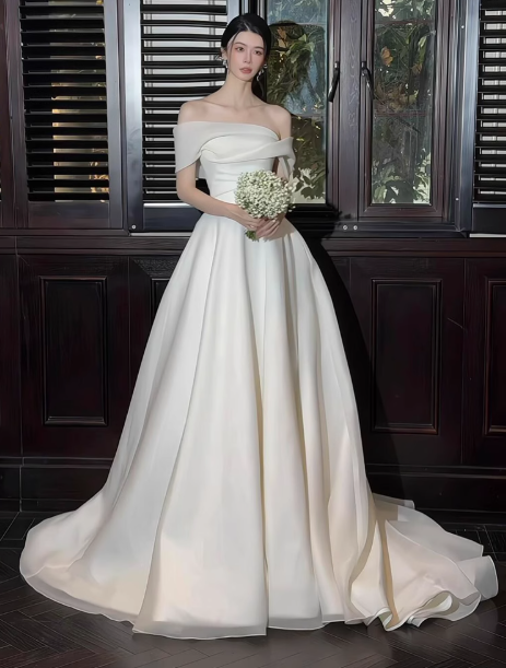 Elegante vestido de novia largo de tul con hombros descubiertos y corte A, sencillo, DH2685