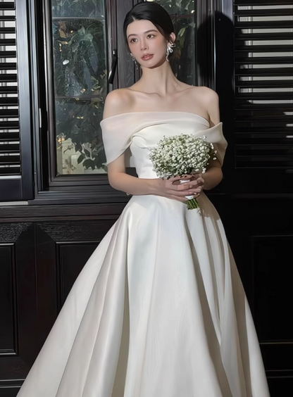 Elegante vestido de novia largo de tul con hombros descubiertos y corte A, sencillo, DH2685