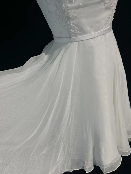 Vestido de novia vintage, corte A, escote redondo, de gasa con cuentas, blanco, corto, para segunda boda, estilo retro, modesto, DH2685