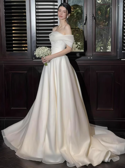 Elegante vestido de novia largo de tul con hombros descubiertos y corte A, sencillo, DH2685