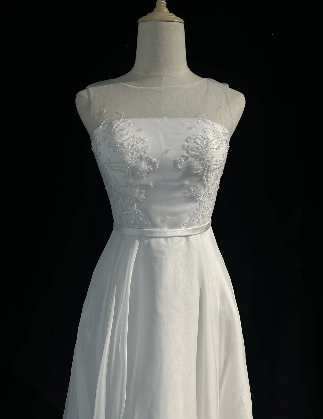 Vestido de novia vintage, corte A, escote redondo, de gasa con cuentas, blanco, corto, para segunda boda, estilo retro, modesto, DH2685