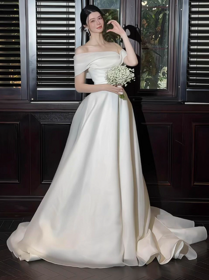 Elegante vestido de novia largo de tul con hombros descubiertos y corte A, sencillo, DH2685