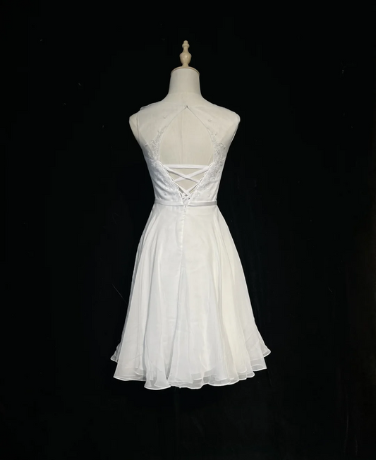 Vestido de novia vintage, corte A, escote redondo, de gasa con cuentas, blanco, corto, para segunda boda, estilo retro, modesto, DH2685