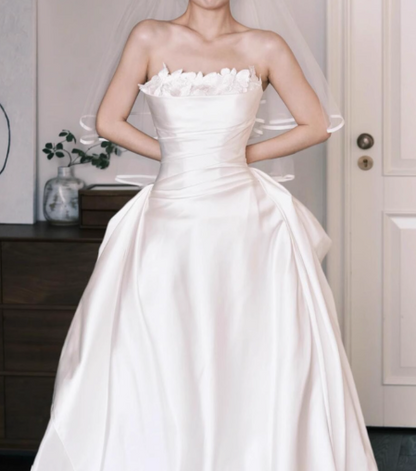 Impresionante vestido de novia largo sin tirantes, de satén, hasta el suelo, sencillo, DH2687