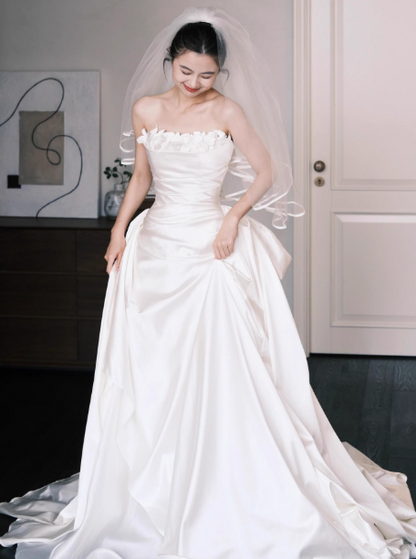 Impresionante vestido de novia largo sin tirantes, de satén, hasta el suelo, sencillo, DH2687