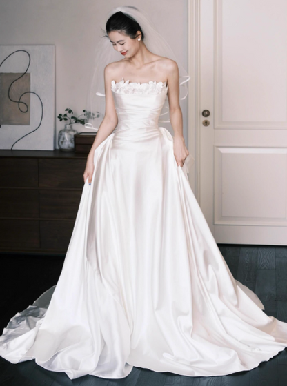 Impresionante vestido de novia largo sin tirantes, de satén, hasta el suelo, sencillo, DH2687