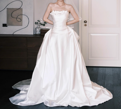 Impresionante vestido de novia largo sin tirantes, de satén, hasta el suelo, sencillo, DH2687