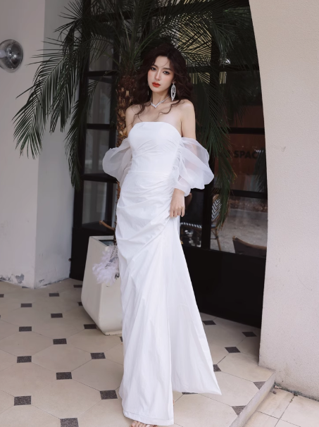 Elegante vestido de novia largo de satén con hombros descubiertos, vestido de novia sencillo DH2688