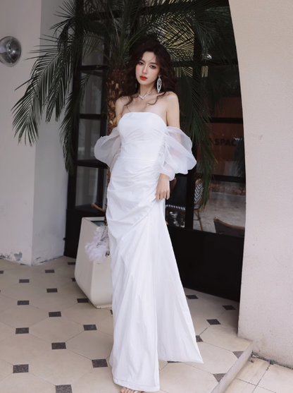 Elegante vestido de novia largo de satén con hombros descubiertos, vestido de novia sencillo DH2688