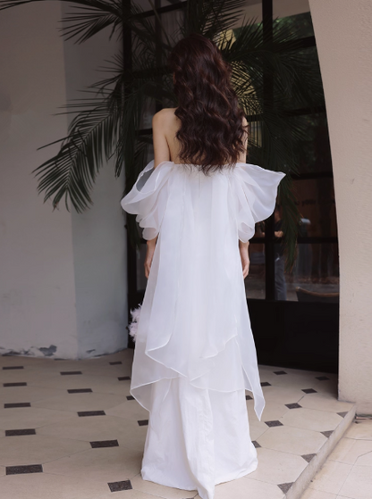 Elegante vestido de novia largo de satén con hombros descubiertos, vestido de novia sencillo DH2688