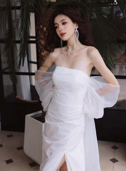 Elegante vestido de novia largo de satén con hombros descubiertos, vestido de novia sencillo DH2688