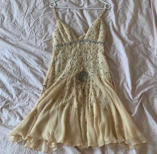 Vestido vintage de gasa color champán con tirantes finos, corte A, para baile de graduación, 8.º grado, corto, DH2690