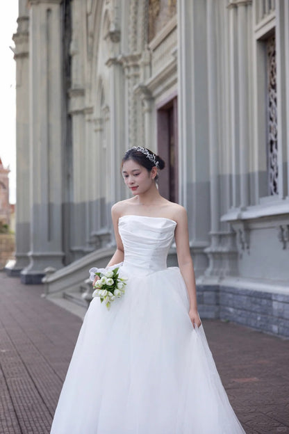 Vestido de novia sencillo, sin tirantes, de tul, largo hasta el suelo, elegante, sin mangas, DH2690