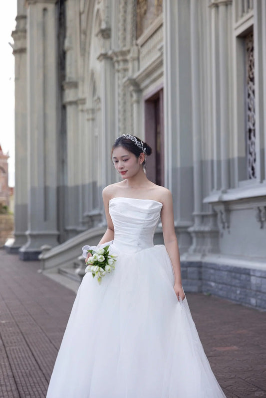 Vestido de novia sencillo, sin tirantes, de tul, largo hasta el suelo, elegante, sin mangas, DH2690
